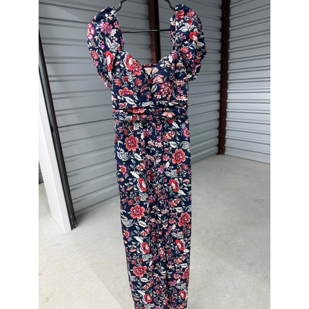 Land of the Free Floral Puff Sleeve Jumpsuit Navy Blue Wide Leg Boho Medium